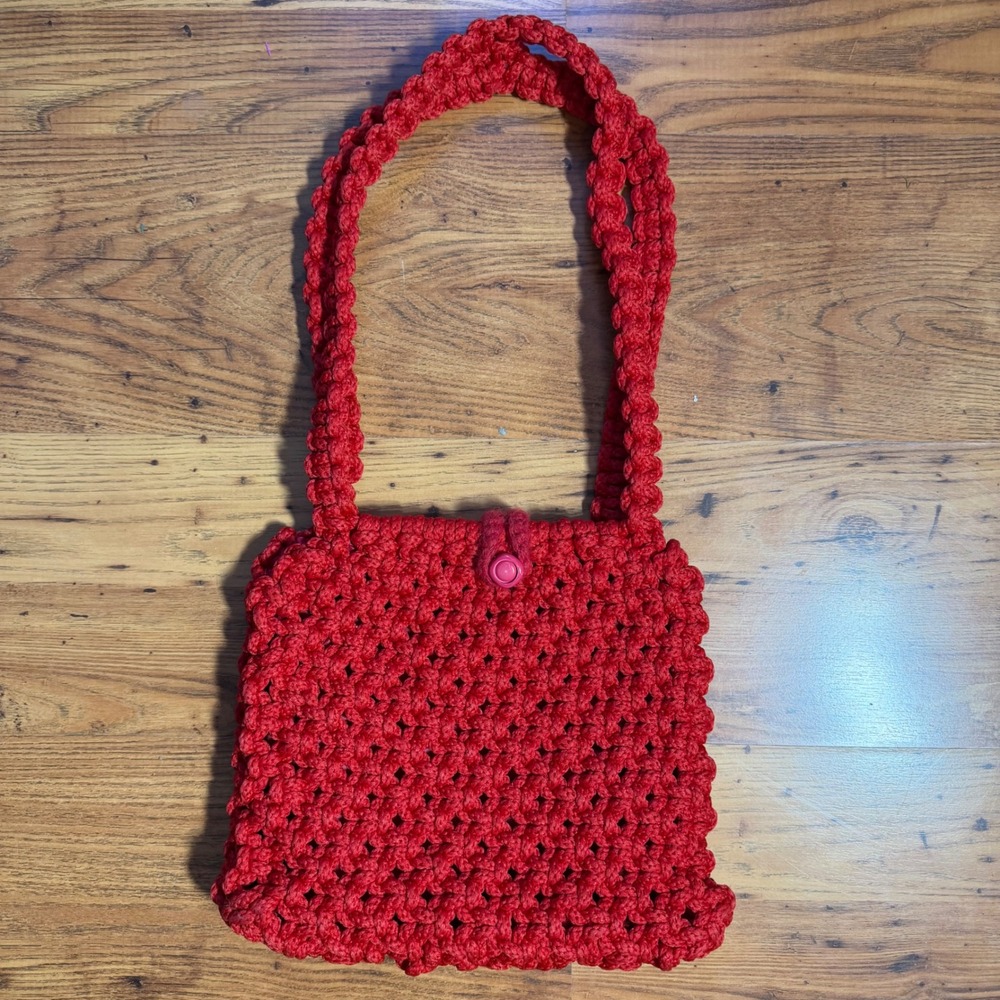 Handmade Red Macrame Shoulder Bag Popcorn Stitch Woven Boho Purse with Lining